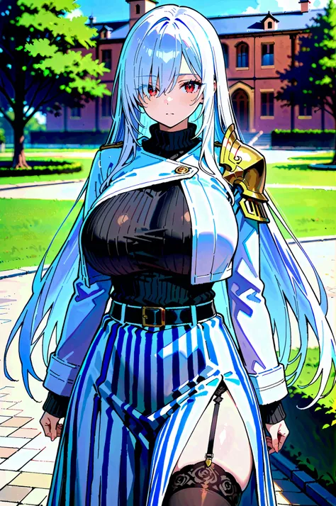 1girl, solo, huge breasts, mansion, garden, outside, (blurry background:1.1), cowboy shot, looking at viewer, naginap, white hair, red eyes, long hair, hair between eyes, eyelashes, hair over one eye, turtleneck sweater, black sweater, white jacket, croppe...