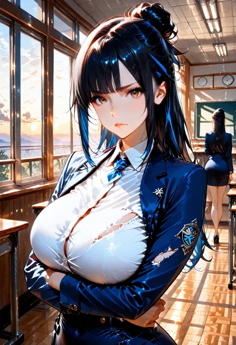 (High Quality, Ultra High Definition, masterpiece, Super Detailed, 8k, fine-grained), teacher, solo, black hair long hair, Boring bangs, single hair bun, beautiful character design, Perfect Contrast, beautiful faces, expressive eyes, brown eyes, stares at ...