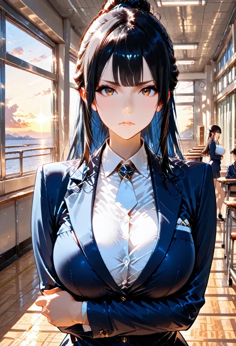 (High Quality, Ultra High Definition, masterpiece, Super Detailed, 8k, fine-grained), teacher, solo, black hair long hair, Boring bangs, single hair bun, beautiful character design, Perfect Contrast, beautiful faces, expressive eyes, brown eyes, stares at ...