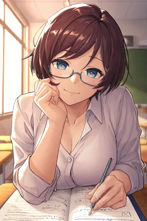 gyee,masterpiece, best quality, absurdres, newest, perfect quality, best quality, detailed background,male focus,short hair,冷たい表情,beautiful eye,clear eye,under-rim eyewear,(male teacher:1.2),classroom,鮮やかな色彩