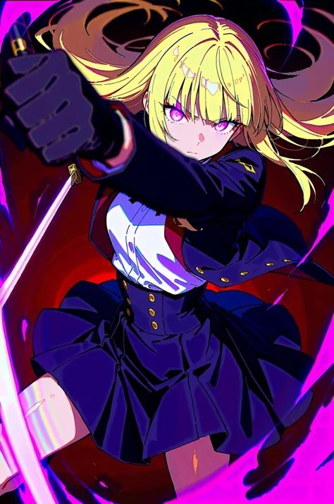 masterpiece, best quality, good quality, very aesthetic, absurdres, newest, 8K, depth of field, white blonde hair, long hair, sidelocks, blunt bangs, white blonde eyes, glowing eyes, black gloves, black skirt, closed mouth, black jacket, high-waist skirt, ...