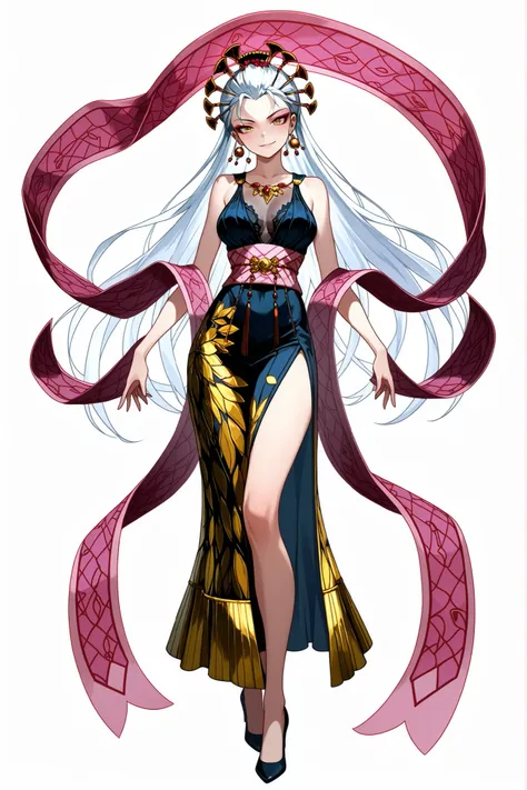 Daki, elegant fantasy Javanese-inspired outfit, traditional kebaya style with sheer dark blue lace top, golden batik skirt with high slit, pink silk sash flowing from both arms, ornate jewelry and headdress, elegant high heels, graceful and confident pose,...