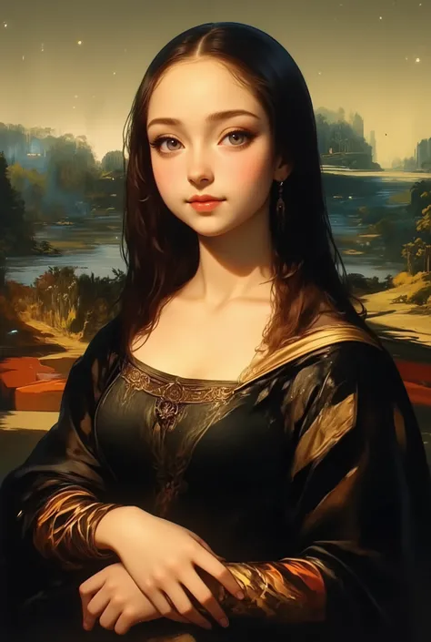 Anime style, faithful to Mona Lisa composition, over-the-shoulder pose, classic hand placement and subtle smile preserved, high-quality, vivid colors, soft shading, exaggerated expressions, playful atmosphere, large sparkling anime eyes, 2D anime art style...