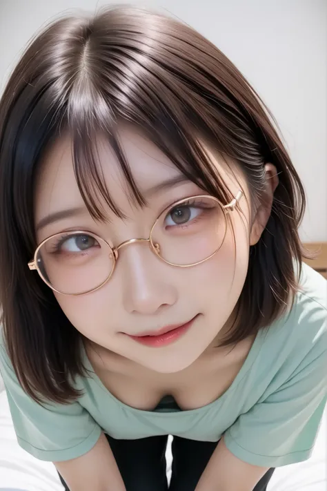 curly smile、flirty expression、like々looks like he's 17 years old、笑顔のlikeい日本人女性. Dimples. without makeup. Height 145 cm. short. (Small eyes: 1.3). round face、Downturned eyes、(small nose: 1.3). Small nose、Snub nose、short hair. low ponytail. dark brown hair. (...