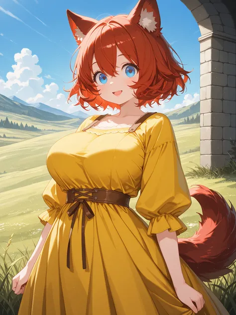 masterpiece, top quality, 8k, 1 girl, (big round eyes:1.2), (tareme), long eyelashes, (cute style), (red hair), semi short hair, wolf ears, standing, (blue eyes), hairs between eyes, large breasts, pink lips, wolf tail, medieval clothing, (yellow dress:1.2...