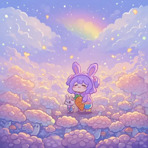 a small chibi girl with purple hair wearing a bunny onesie and holding a carrot plushie, in a whimsical, colorful meadow scene with fluffy clouds, cute mushrooms, and a rainbow in the background, 4K, highly detailed, vibrant, cinematic lighting, fantasy ar...