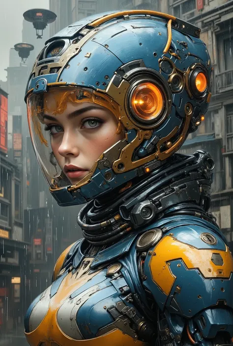 A naturally handsome officer with green eyes and pale freckles, clad in massive segmented armor and an incredibly sophisticated helmet of matte steel blue with a bright bronze finish. Her breastplate of intricate design is accentuated by neon grooves, rein...
