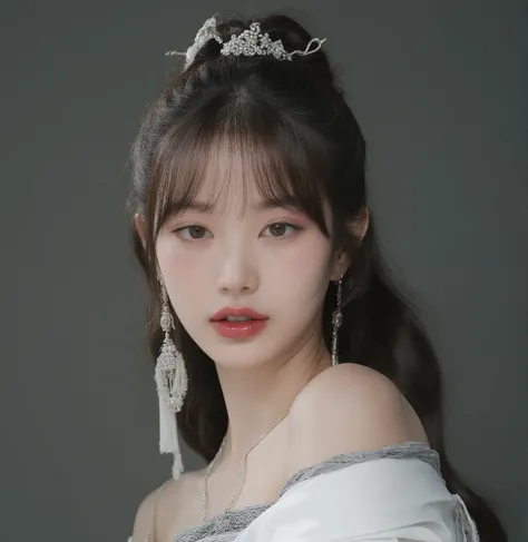 8K Portrait、 super high image quality 、Ultra-precision、Best Quality、High-quality photos、 close-up of a woman wearing long hair and a striped top, very detailed faces , Black lipstick、detailed body and eyes,Her eyelashes are white 、  very detailed body,, he...