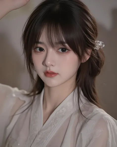 Japanese woman with big eyes and shoulder-length brown hair, wavy at the tips and decorative clothes