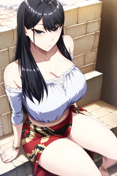 masterpiece, best quality, , cinematic lighting, amazing quality, very aesthetic, absurdres, best quality, 4k, upscale, Hikari Kuroda, large breasts,solo, , seductive expressionless, tsurime eyes, 1girl, (((sitting sideways on cracked brick steps, wearin...