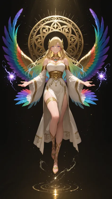 Beautiful Goddess 、Ancient palace、Big rainbow feather pen、holy light、several magic circles floating in the air、gorgeous lace and trim、Mysterious Atmosphere、Gold Decor 、Fantastic Light Effects、spectacular space