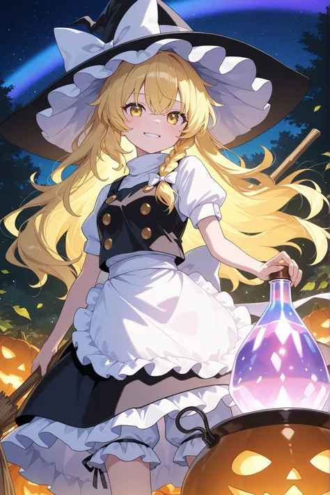 (Highest Quality:1.4), (masterpiece:1.4), (very detailed illustration:1.3), 1girl, solo, Smile Yan, holding a broom to mix potions, large pot made of giant jack-o'-lanterns (the inside emits light) generating potions, Large pot made of jack-o-lanterns,pot ...