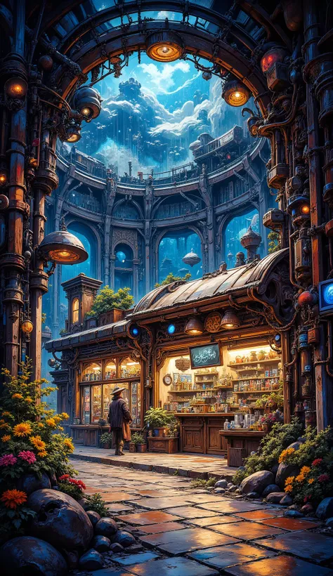 (スチームパンクのスタイル, パノラマビュー,  ダブルエクスポージャー : 1.6, 蛍光色の地平線, 8Kの高解像度カラースケッチ, 鮮やかな色),宇宙ステーション格納庫内の小さな店, ステーションは透明なガラスのカバーで覆われており、惑星や宇宙の船が外から見えます, 小さな店には、店員が接客している様子がわかるように、正面にたくさんの小さな植物が置かれています, 複雑な詳細, 半音, イメージフィル, 被写界深度.