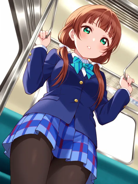 lovelive,long hair,Low-knotted twin tails,brown hair,blunt bangs,green eyes,glossy lips,white ribbon,alone,pantyhose,directly below angle, otonokizaka winter uniform, ,navy blue jacket,blue striped skirt, plaid skirt, blue striped bowtie,in crowded train