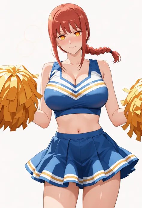 1girl, solo, makima, chainsaw man_makima, chainsawman_style, manga_style, Tatsuki fujimoto_style, red hair, long hair, braided ponytail, yellow eyes, ringed eyes, large breasts | Standing,, accentuated breasts,, smiling, closed mouth, Looking At Viewer, ti...