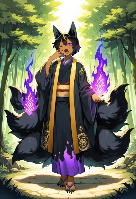 1man, mature, dark brown skin, short black hair, heterochromia, (one eye blazing orange:1.2), (one eye void purple:1.2), black fluffy fox ears, (nine dark black fluffy fox tails:1.3), subtle claws, black sharp nails, sharpened teeth, visible fangs, superna...