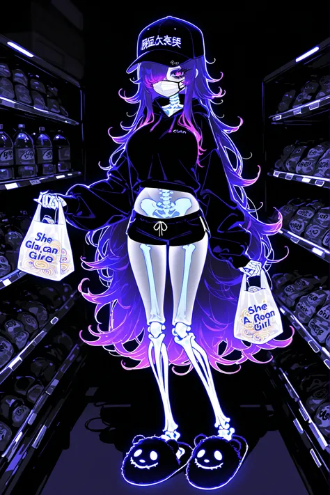 (xxx667_illu,glowing,) The ghostly gamer girl is a ghost. (her body is transparent and translucent because she is a ghost.Through her transparent skin, you can see the silhouette of her skeletal bones.) She has a mature physique, big breasts, small belly, ...