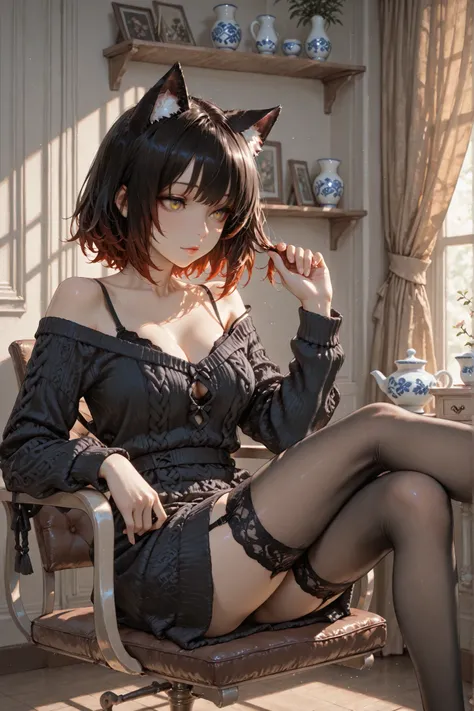 masterpiece, ultra-detailed, 8k, rich-contrast, glow porcelain-like skin, soft luminous skin, subsurface scattering, painterly texture, layered lighting, soft detailed fabric rendering, cat ears matching her hair color, wears a deep low-cut mohair knit min...