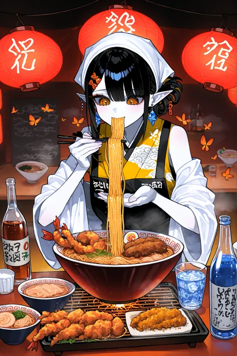 (xxx667_illu, ai drawing anime characters eating ramen, ai drawing anime characters eating ramen , ramen, noodles, meme, bowl, eating, restaurant,) Ramen faèrie princess. She has tall, thin miniature physique. She has orange butterfly wings. She has Japane...