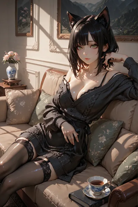 masterpiece, ultra-detailed, 8k, rich-contrast, glow porcelain-like skin, soft luminous skin, subsurface scattering, painterly texture, layered lighting, soft detailed fabric rendering, cat ears matching her hair color, wears a deep low-cut mohair knit min...
