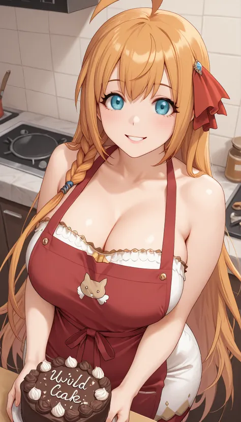 1girl, Solo, HD, Accurate, pcrpeco, Pecorine, long hair, orange hair, blue eyes, ahoge, braid, large breasts, pcrpeco, ahoge, braid, large breasts,mature, wide hips, white dress, smiling, red apron,cleavage, kitchen background, look at viewer, vivid colors...
