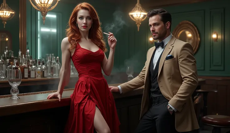 A hyper-realistic cinematic scene set in a 1940s gangster-style nightclub, rendered in 8K ultra-high definition. A glamorous woman in a deep red, one-shoulder evening gown with a thigh-high slit stands confidently at the bar, holding a cigarette with elega...