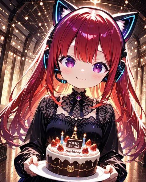 high front angle, (masterpiece, 4k, ultra detailed, vivid and vibrant colors, cinematic angle, professional photography), {1woman}: (a beautiful and attractive woman, with long red hair, purple eyes, wearing a cat ears headset, a black lace blouse with a s...