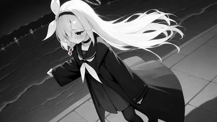 plana \(blue archive\) black eyes,long hair, white hair,braid,bow hairband,halo,choker,black long coat, black pantyhose, 1girl, detailed, masterpiece, blush, crying, leaving, night, monochrome, solo, walking,