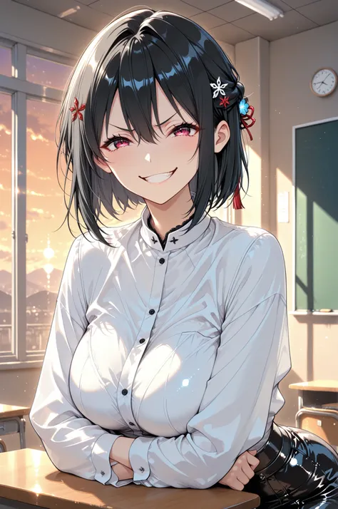 1girl, momose ginko, high quality, masterpiece, parted lips, hair ornament, teacher, white shirt, long sleeves, leather black skirt, black underwear, black tights, big breasts, angry, smile, evening, arms crossed
