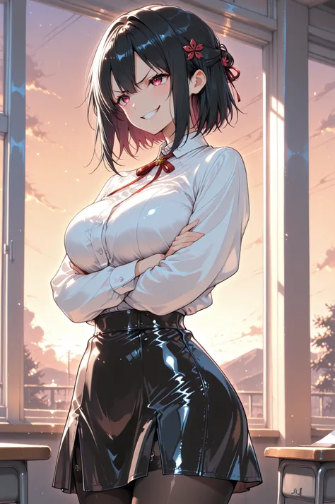 1girl, momose ginko, high quality, masterpiece, parted lips, hair ornament, teacher, white shirt, long sleeves, leather black skirt, black underwear, black tights, big breasts, angry, smile, evening, arms crossed