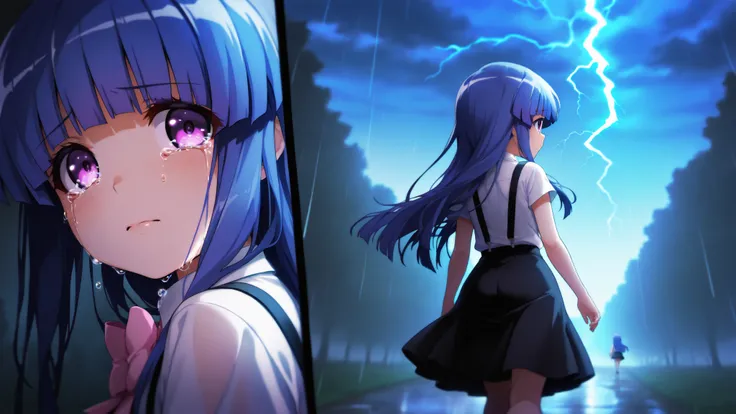 furude rika, Blue Hair, Purple eyes, white shirt, pink bow, suspenders, black skirt, 1girl, detailed, masterpiece, nightfall, outside, solo, leaving, walking, thunder, rain, rear view, crying with eyes open,