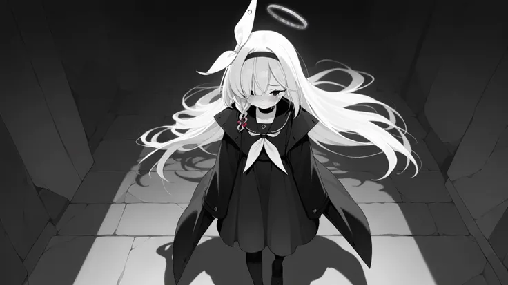 plana \(blue archive\) black eyes,long hair, white hair,braid,bow hairband,halo,choker,black long coat, black pantyhose, 1girl, detailed, masterpiece, blush, crying, leaving, night, monochrome, solo, walking,