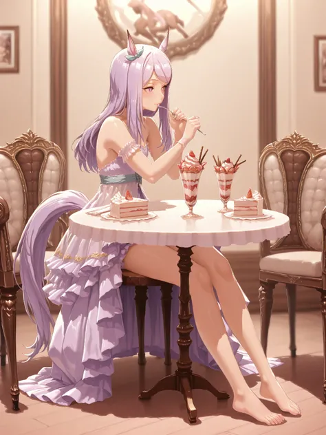 Highest Quality,masterpiece,Uma Musume,White-eye McQueen,horse ear,Horse tail,chairs,table,sitting,parfait,cake,on my feet,Oh, so cute,soft touch,Delicate Body Curves,Realistic Human Body,