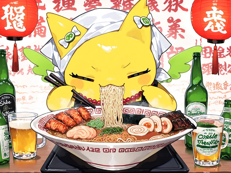 (xxx667_illu,DSP, artist:DSP, mogeko,eating ramen,) Ramen faèrie. She is miniature. She has white fae wings. She has yellow skin and two fluffy yellow ears. Her eyes are blue. She has hair clips. She is dressed in kawaii yellow kimono with food print, and ...