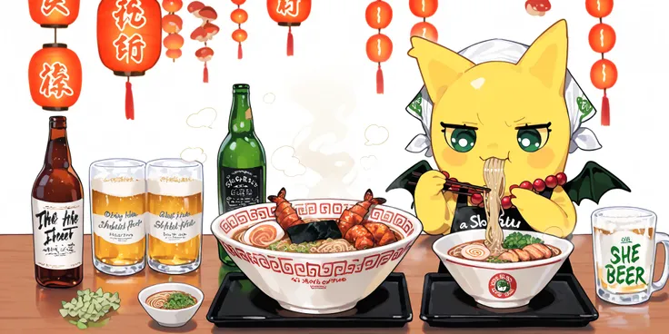 (xxx667_illu,DSP, artist:DSP, mogeko,eating ramen,) Ramen faèrie. She is miniature. She has white fae wings. She has yellow skin and two fluffy yellow ears. Her eyes are blue. She has hair clips. She is dressed in kawaii yellow kimono with food print, and ...