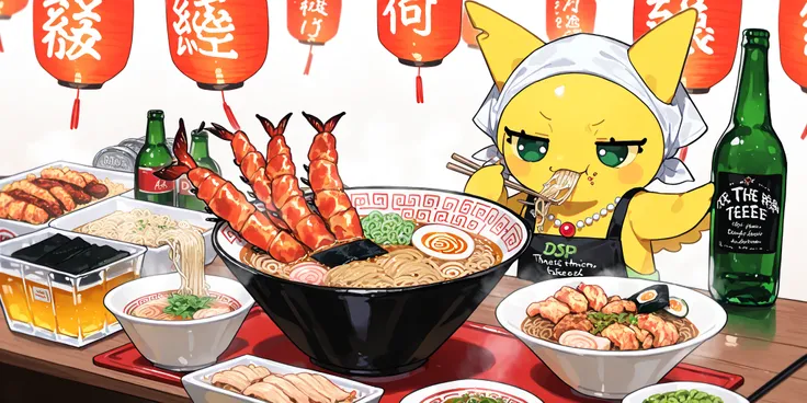 (xxx667_illu,DSP, artist:DSP, mogeko,eating ramen,) Ramen faèrie. She is miniature. She has white fae wings. She has yellow skin and two fluffy yellow ears. Her eyes are blue. She has hair clips. She is dressed in kawaii yellow kimono with food print, and ...