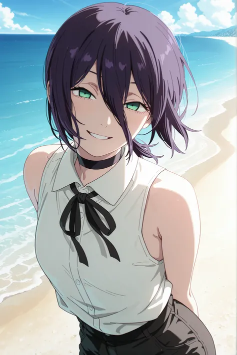 masterpiece, best quality, newest, very awa, masterpiece, best quality, absolutely absurdres, proportional body, proportional, beautiful hair, beautiful face, newest, anime screencap,reze, black choker, purple hair, choker, eyebrows hidden by hair, green ...