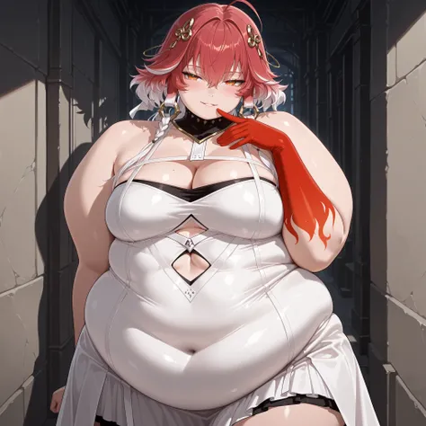 plump,obese,fat,WeightObese,changli(wuwa), dress, cleavage, orange eyes, bare shoulders, white dress, medium breasts, blush, red hair, streaked hair, white hair, single red glove, cowboy shot, seductive smile, parted lip, dark alleyway background, midnigh...