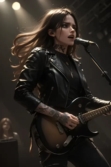 a rock singer on stage, rock star performing on stage, dramatic lighting, concert, energetic pose, headbanging, long hair, leather jacket, tattoos, electric guitar, bright stage lights, smoke machine, cheering crowd, atmospheric haze, dynamic camera angle,...