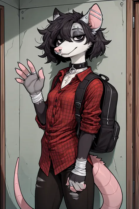1girl, furry, grey fur, possum furry, claws, anthro, fur tufts, fluffy, possum tail, fangs, opossum, possum ears, silver nose ring, silver earings, silver eyebrow piercing, punk style earrings, half-closed eyes, bags under eyes, (creep), dress shirt, shirt...