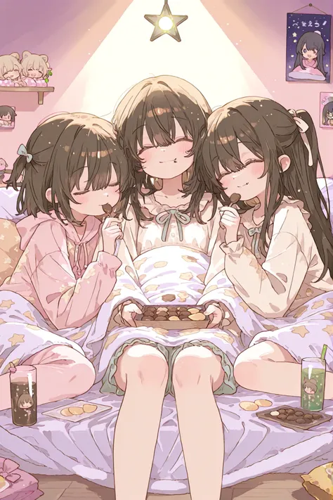  3 young girls、Sub-feeding House、handmade blanket tent、cozy atmosphere、surrounded by sleeping bags and cushions、smiling and chatting、eating sweets and snacks、Potato Chips Bags、Chocolate、cookie、Soft drinks、wrapping scattered sweets、soft lighting、warm colors...
