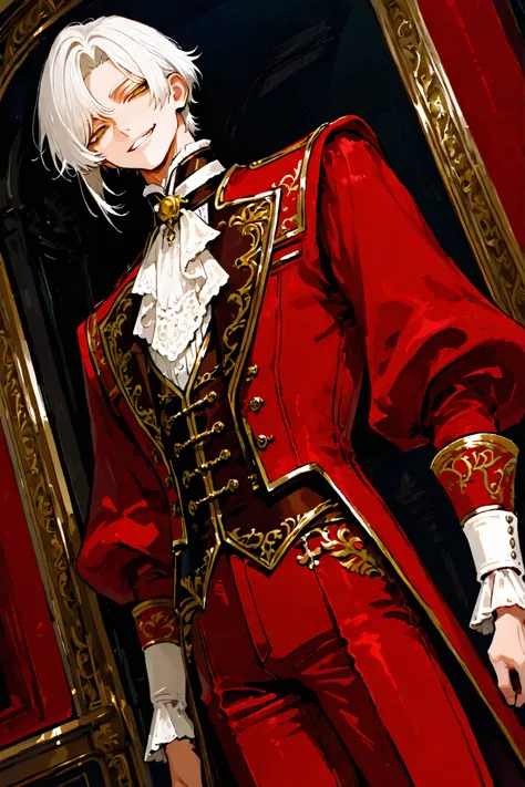 1man, bishounen, short hair, white hair, curtained bangs, yellow eyes, victorian clothes, red coat, red pants, gold trim, cutlass at side, standing, smile, grin, cocky smirk, dynamic angle