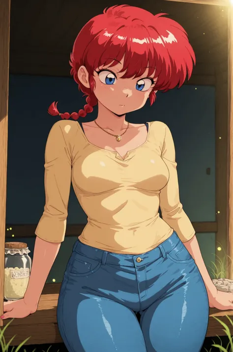 Ranma Saotome. red hair. blue eyes. braid. small breasts. wide hips. necklace. black eyeliner. pink manicure. | natural lighting, soft lighting, sunlight, HDR (High Dynamic Range), Maximum Clarity And Sharpness, Multi-Layered Textures, fireflies, jar, jean...