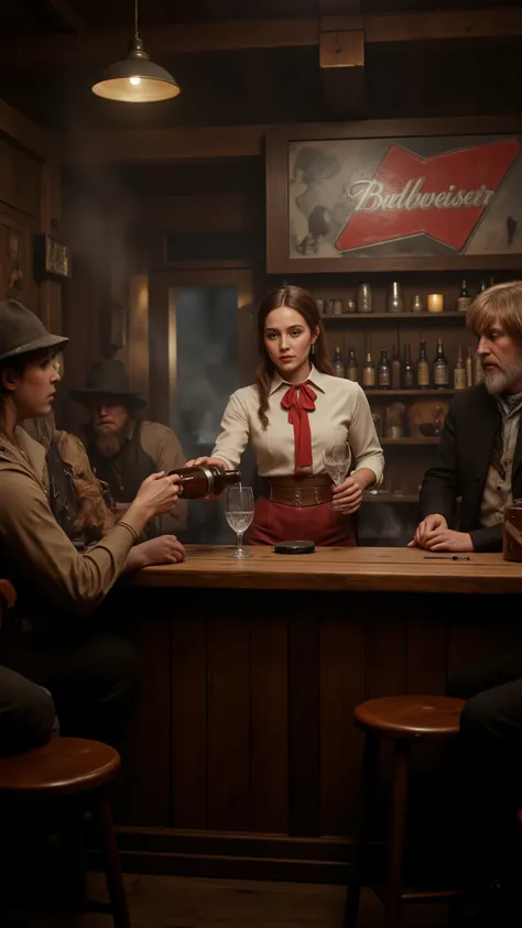 high-definition images、I traveled back in time to a bar in the Wild West、（Budweiser Girl、red letters on white in the style of all time）Pouring alcohol to rough gunmen
