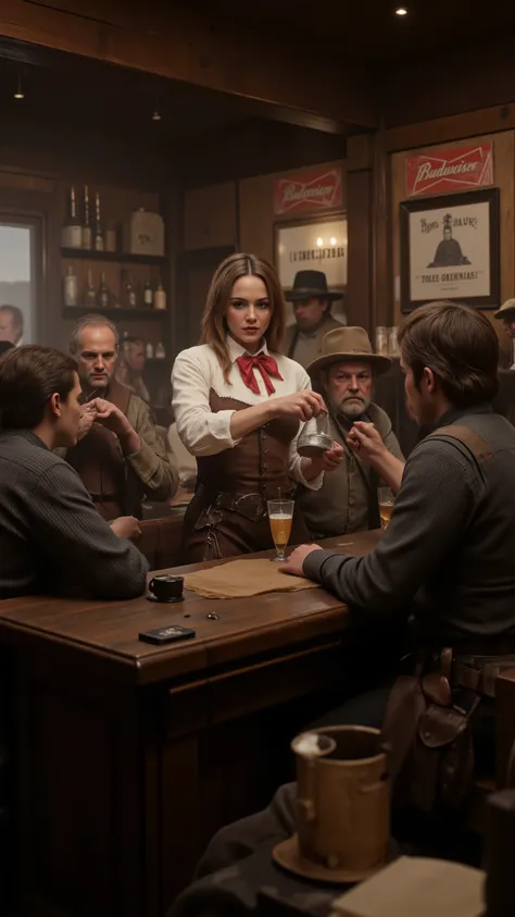 high-definition images、I traveled back in time to a bar in the Wild West、（Budweiser Girl、red letters on white in the style of all time）Pouring alcohol to rough gunmen