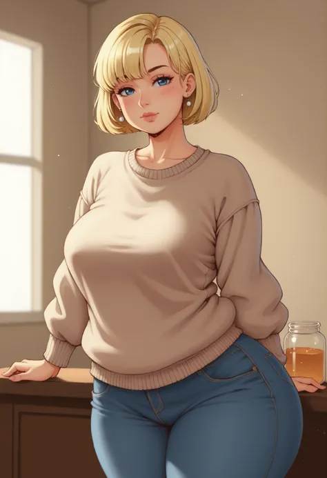 rita loud, mature woman, blonde hair, solo, short hair, medium saggy breasts, gigantic hips. gigantic ass. earrings, fat. | natural lighting, soft lighting, sunlight, HDR (High Dynamic Range), Maximum Clarity And Sharpness, Multi-Layered Textures, firefli...