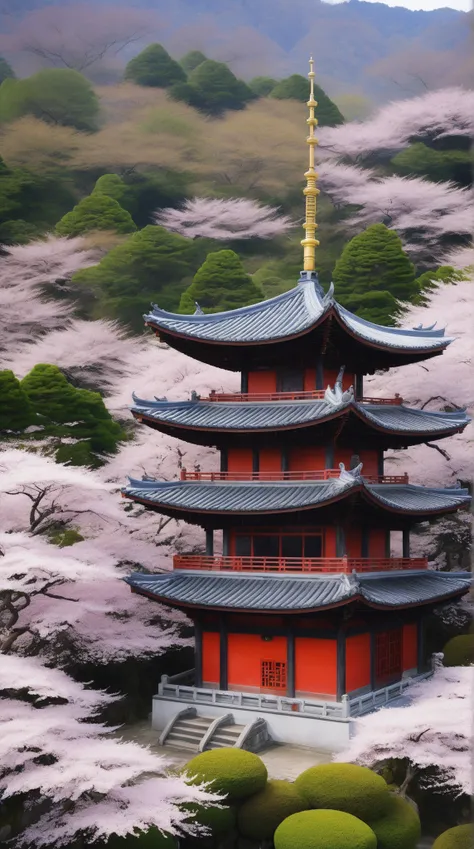 high-definition images、a place like Iseki agricultural machinery in an old Chinese temple、A temple full of cherry blossoms