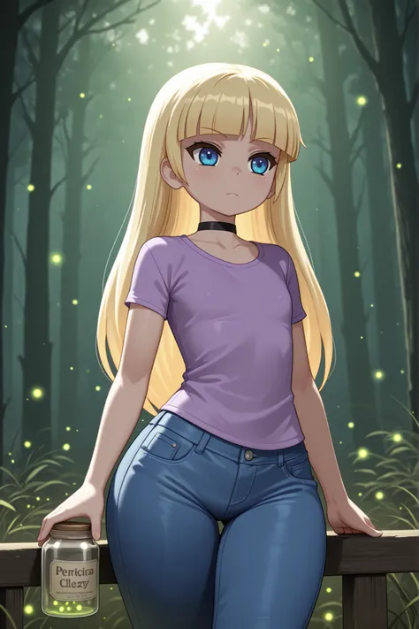 Pacifica Northwest, flat breasts, flat chest, skinny, huge hips, long hair, blonde hair, choker , | natural lighting, soft lighting, sunlight, HDR (High Dynamic Range), Maximum Clarity And Sharpness, Multi-Layered Textures, fireflies, jar, jeans, shirt