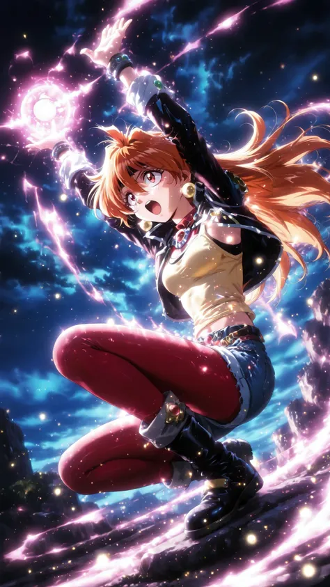 The moment when magical energy is gathered and is about to be unleashed , Charging a red energy ball with both hands , 1girl , solo , lina inverse
, retro artstyle , arms raised in the air, hands up, outstretched arms , looking up , open mouth , cropped ja...