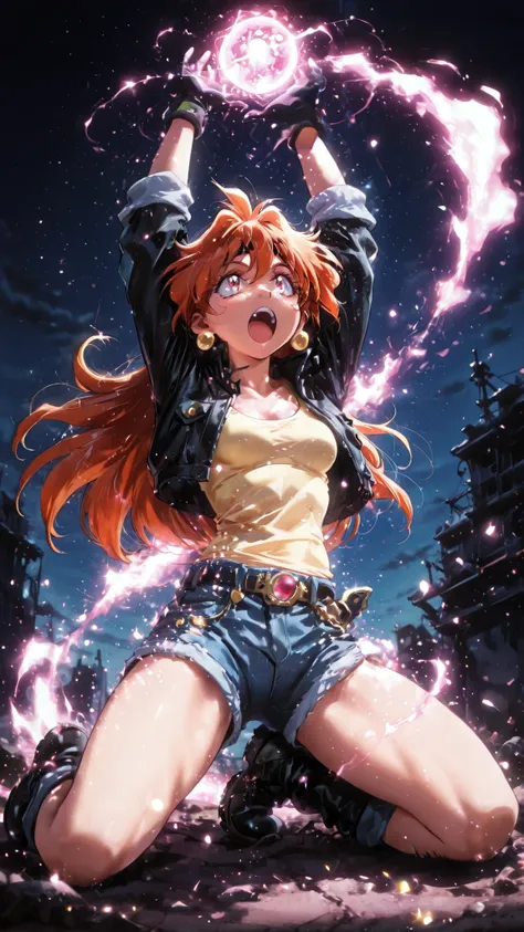 The moment when magical energy is gathered and is about to be unleashed , Charging a red energy ball with both hands , 1girl , solo , lina inverse
, retro artstyle , arms raised in the air, hands up, outstretched arms , looking up , open mouth , kneeling ,...